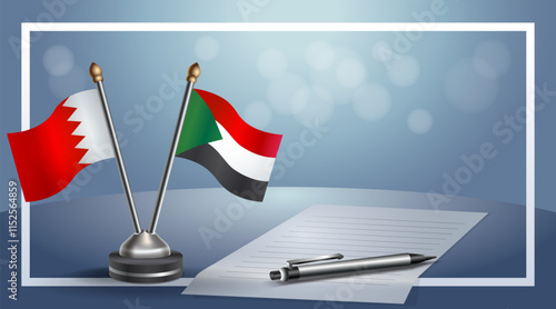 Bahrain and Sudan National flags on small table with bokeh background, cooperative relationship