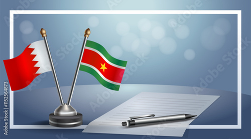 Bahrain and Suriname National flags on small table with bokeh background, cooperative relationship