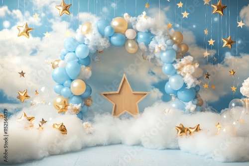 First birthday celebration, Christmas, photography background with balloons, stars and fluffy clouds on blue wall.