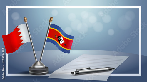 Bahrain and Swaziland National flags on small table with bokeh background, cooperative relationship