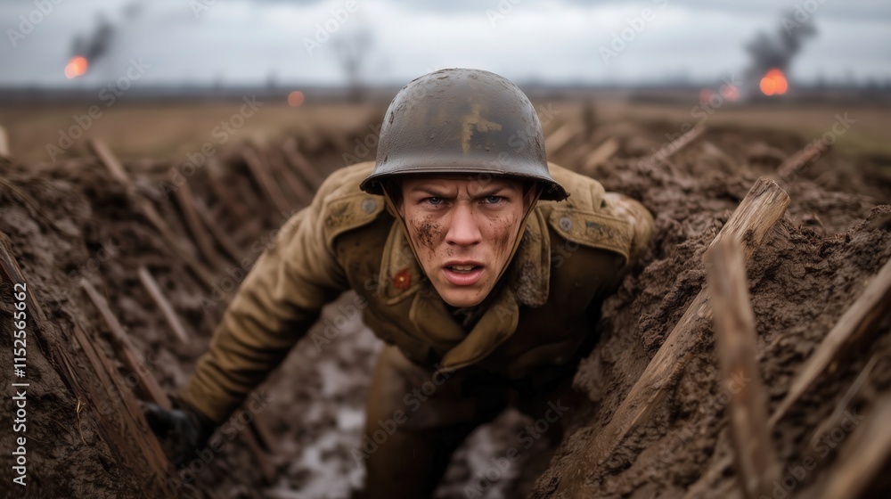 Determined soldier climbing through a muddy trench during battle Determined soldier climbing through a muddy trench during battle