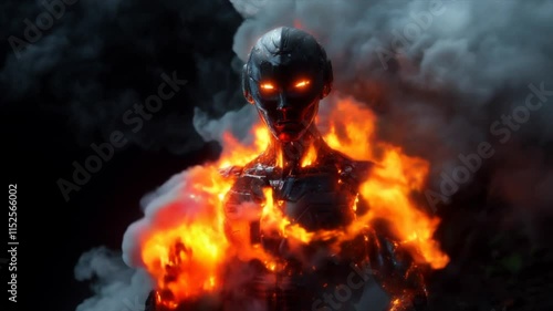 Futuristic Robot Burning in Intense Fire with Explosive Flames on Dark Background