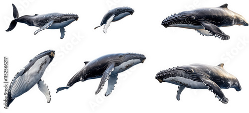 six humpback whales in various poses isolated on transparent background the whales are swimming. leaping. and diving they are all facing different directions photo