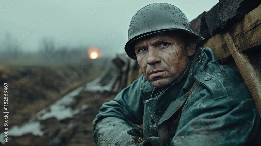 Close-up of a weathered soldier resting against wooden fortifications in a trench, with a battlefield background Close-up of a weathered soldier resting against wooden fortifications in a trench, with a battlefield background