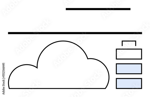 Cloud shape connected to three stacked rectangles implies data storage and networking. Ideal for technology, data management, cloud services, digital storage, IT solutions, online platforms, network