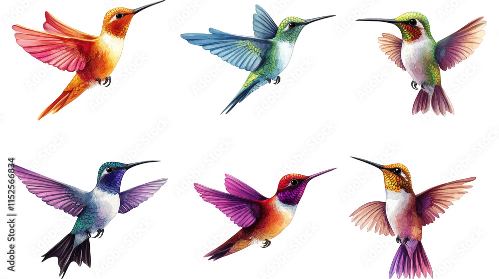 Fototapeta premium six vibrant hummingbirds in flight. showcasing a variety of colorful plumage each bird is depicted with intricate detail. highlighting their delicate features