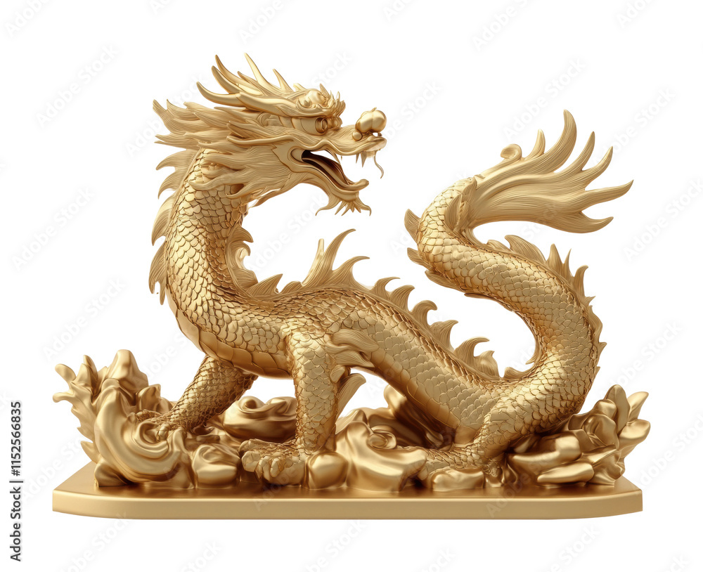Chinese dragon statue in gold color standing showcasing intricate design details and powerful posture. Isolated on transparent background, png. Chinese dragon statue in gold color standing showcasing intricate design details and powerful posture. Isolated on transparent background, png.