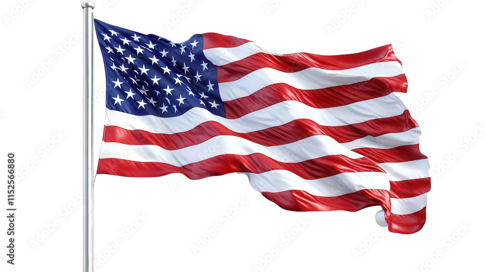 a waving american flag on a flagpole against a transparent background the flag is in focus and the background is blurred a waving american flag on a flagpole against a transparent background the flag is in focus and the background is blurred