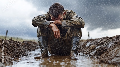 A soldier sitting in a water-filled trench during a rainstorm, embodying the struggles of warfare photo