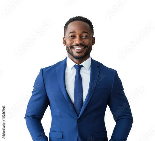 Smiling confident businessman in a navy blue suit with arms crossed, professional portrait for corporate leadership, success, and business career concepts isolated on transparent background