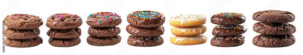 six stacks of freshly baked cookies. some with chocolate chips. some with sprinkles and some with frosting. isolated on a transparent background six stacks of freshly baked cookies. some with chocolate chips. some with sprinkles and some with frosting. isolated on a transparent background