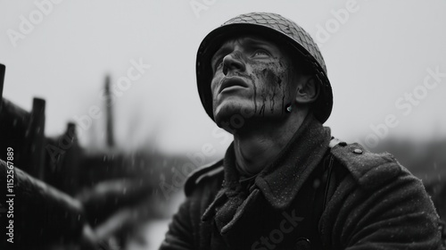 Black-and-white portrait of a soldier in a helmet looking up during a rainstorm photo