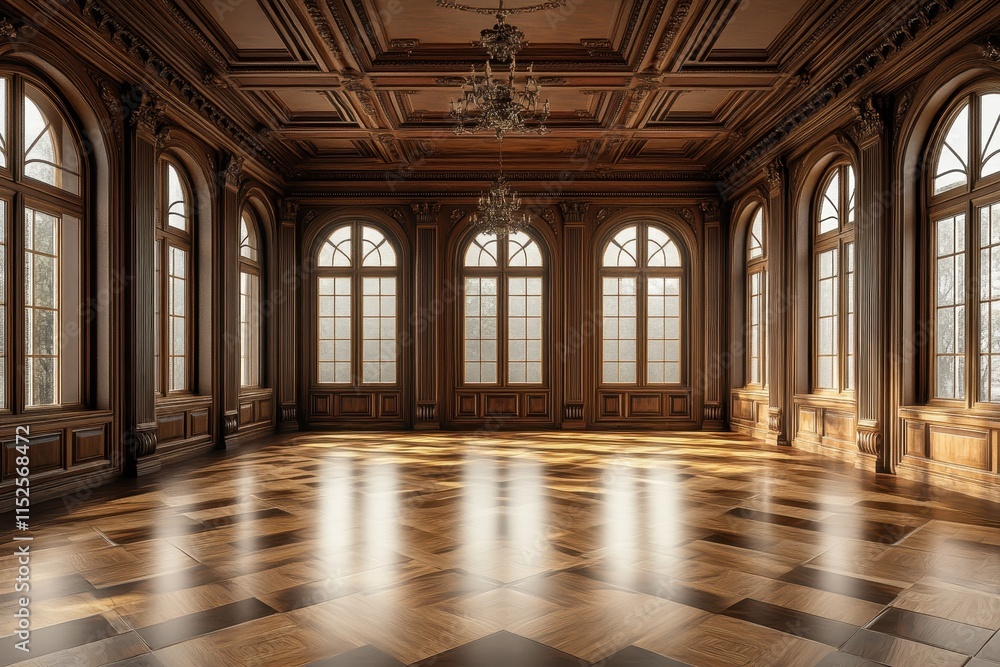 Grand, empty, wooden ballroom with arched windows and parquet floor. Grand, empty, wooden ballroom with arched windows and parquet floor.