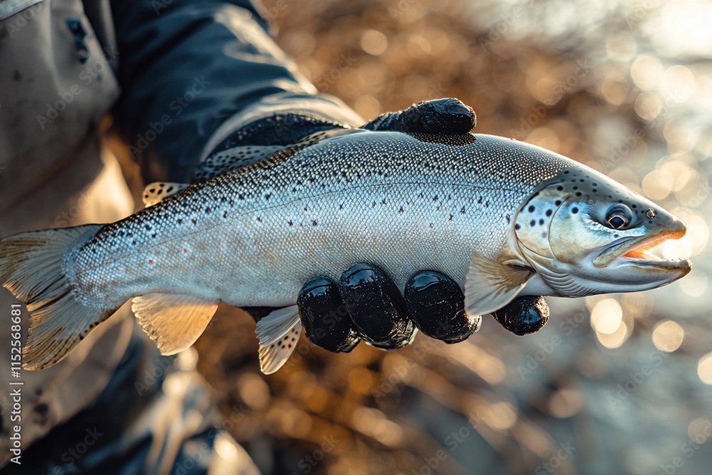 Obraz premium Fisherman holds caught trout.