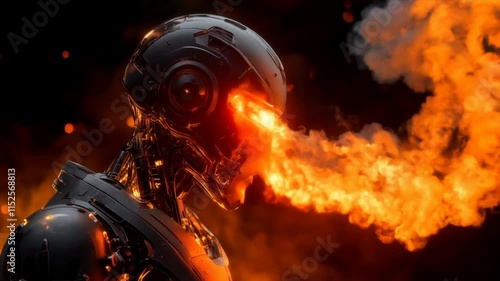 Robot Destroyed by Fire with Sparks and Flames in a Sci-Fi Setting photo