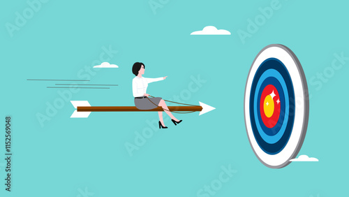 successful businesswoman flying on arrow going to target illustration suitable to describe about business growth, business objective, business achievement or target, motivation to achieve goal