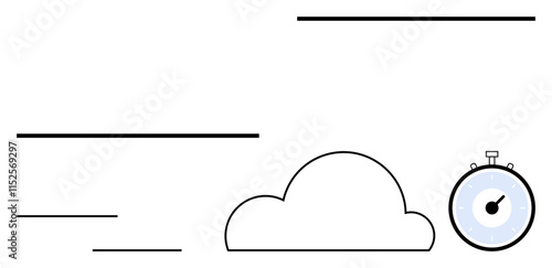 Linear elements a cloud and a stopwatch suggesting speedy changes urgency, and weather transitions. Ideal for weather forecasts, time management, meteorology, speed, urgency, efficiency, climate