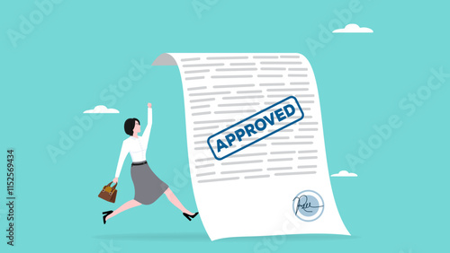 business paperwork approval, Paper Document with Approved Seal Stamp, happy businesswoman with document approve illustration suitable to describe about request accept or legal certified document