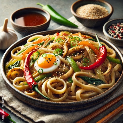 Japanese yaki udon dish featuring stir fried noodles, captured with shallow depth of field photo