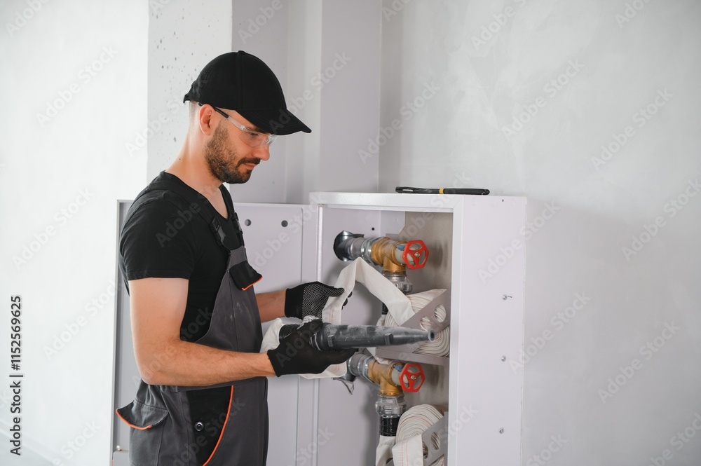 The worker installs or inspects Fire extinguisher and fire hose reel in building corridor The worker installs or inspects Fire extinguisher and fire hose reel in building corridor