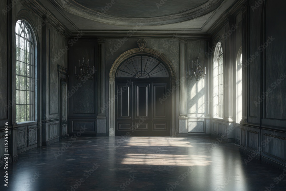 Sunlit grand hall with arched windows and doors. Sunlit grand hall with arched windows and doors.