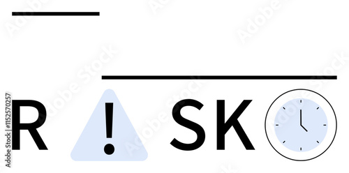 RISK spelled with a clock at the end and a warning sign with an exclamation mark in place of the I. Ideal for time management, risk assessment, business strategy, deadlines, safety, decision-making