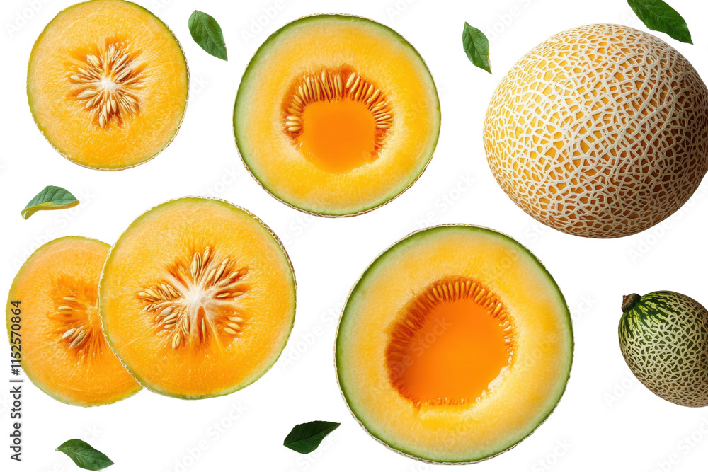 Enjoying the vibrant hues of honey melon arranged for a fresh and delightful presentation. Isolated on transparent background, png. Enjoying the vibrant hues of honey melon arranged for a fresh and delightful presentation. Isolated on transparent background, png.