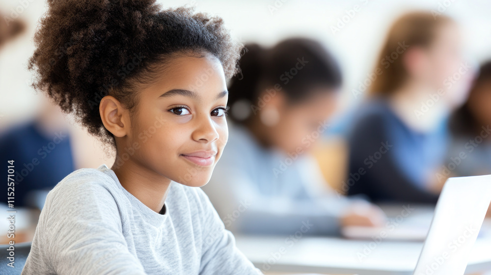 Afro teenage girl studying in classroom using computer laptop Afro teenage girl studying in classroom using computer laptop