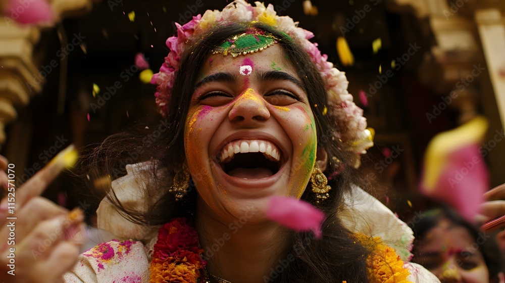 A young woman laughs joyfully, her face covered in vibrant Holi colors. Flowers and petals rain down around her, capturing the festive spirit of the celebration. A young woman laughs joyfully, her face covered in vibrant Holi colors. Flowers and petals rain down around her, capturing the festive spirit of the celebration.