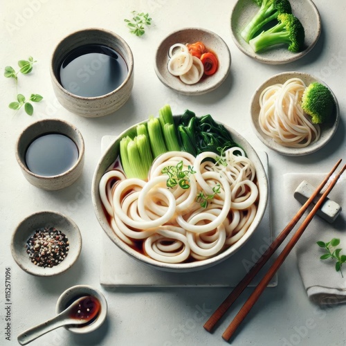 Simple presentation of udon noodles on a white tabletop photo