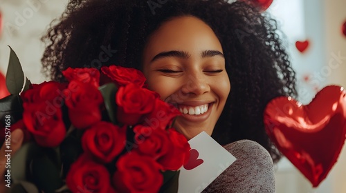 Fototapeta Naklejka Na Ścianę i Meble -  A happy young woman with curly hair smiles while holding a bouquet of red roses and a Valentine's Day card.  Red heart balloons are in the background.