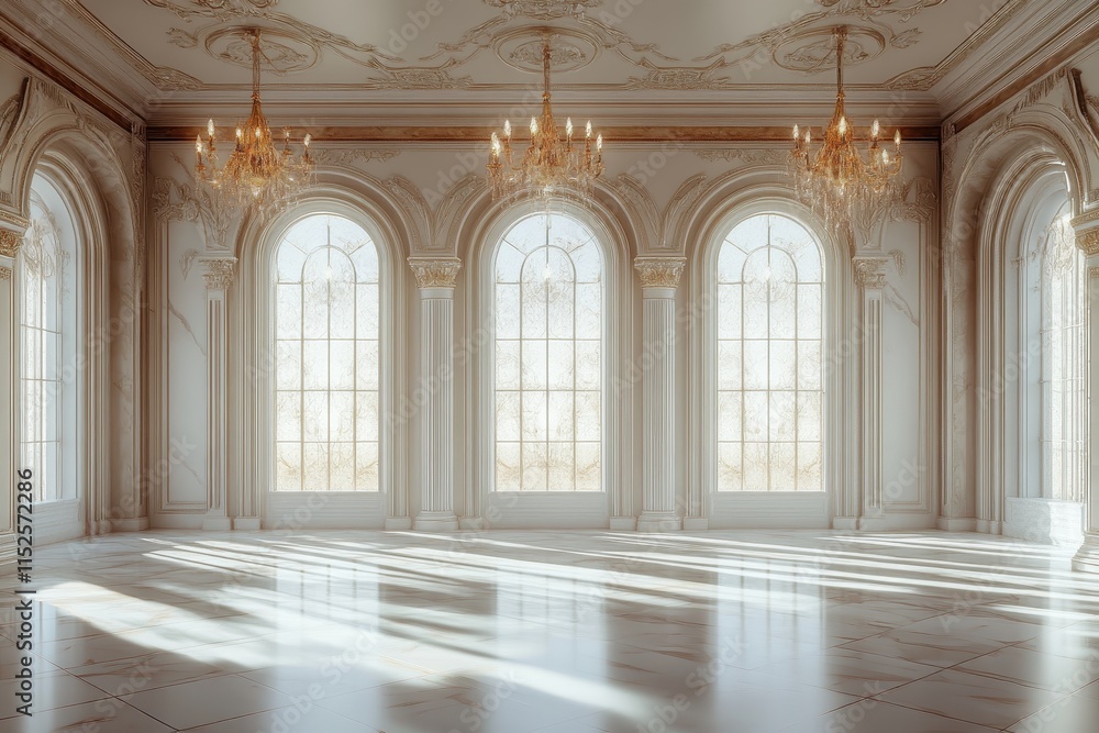 Sunlit opulent palace ballroom with arched windows. Sunlit opulent palace ballroom with arched windows.