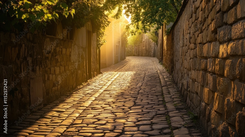 A historic cobblestone pathway surrounded by medieval stone walls, soft golden sunlight A historic cobblestone pathway surrounded by medieval stone walls, soft golden sunlight