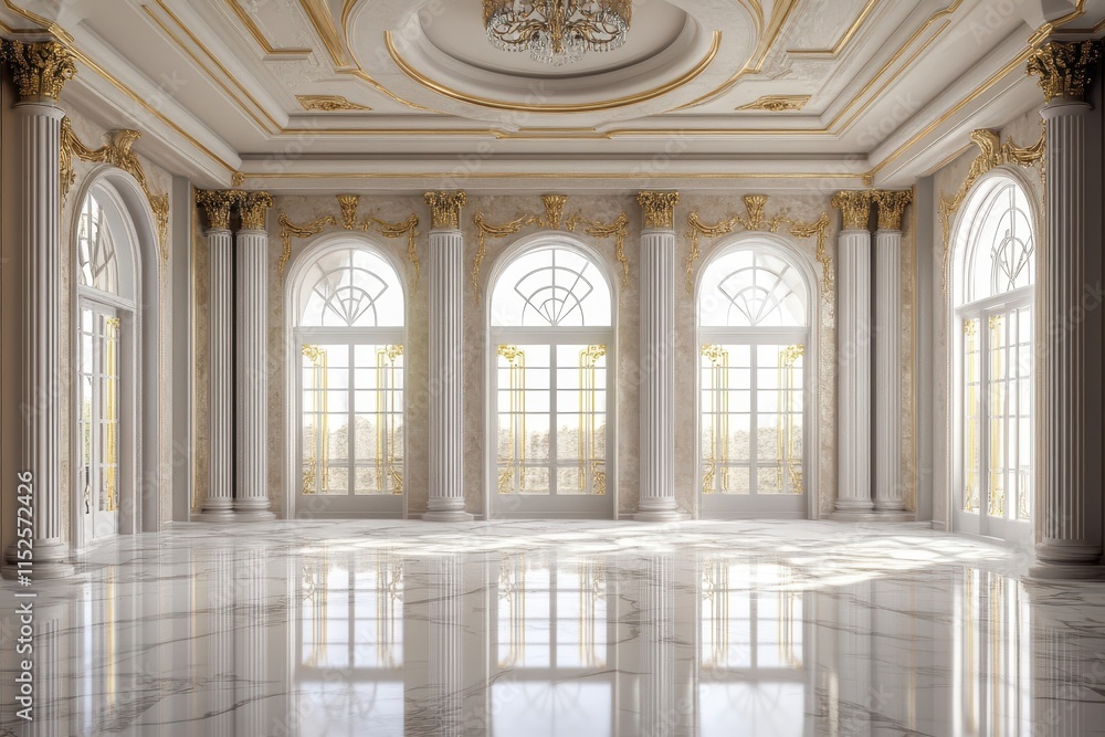 Grand ballroom with marble floor, arched windows, and gold accents. Grand ballroom with marble floor, arched windows, and gold accents.