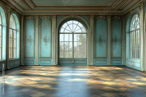 Elegant empty teal and gold ballroom with arched windows and parquet floor. photo