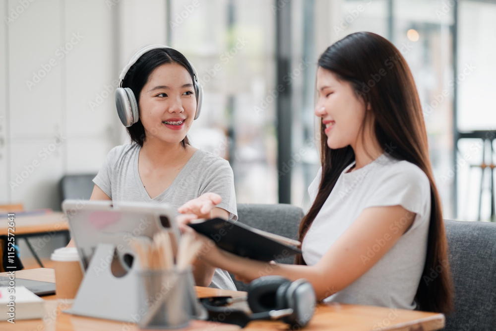 Two women in a cafe, using technology and enjoying coffee, showcasing modern lifestyle and collaboration. Two women in a cafe, using technology and enjoying coffee, showcasing modern lifestyle and collaboration.