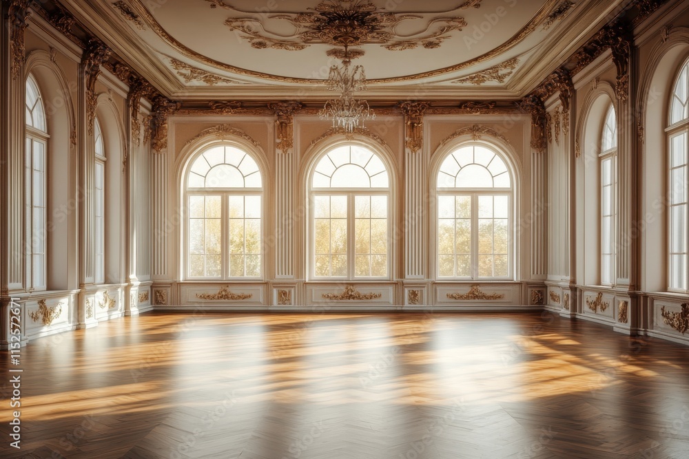 Sunlit grand ballroom with arched windows and ornate molding. Sunlit grand ballroom with arched windows and ornate molding.