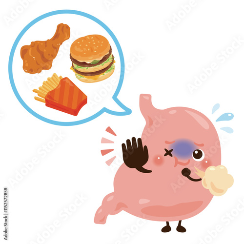脂っこい食べ物で胃もたれを起こす胃のキャラクターイラスト