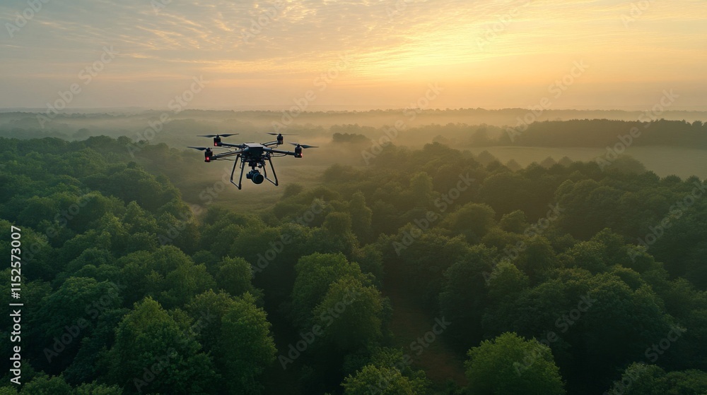 Fototapeta premium Drone Aerial Photography Over Misty Sunrise Forest