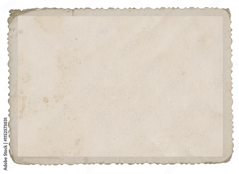 Vintage scalloped edge photo paper with dust, creases, and splatters on transparent background (png image). Useful for design, vintage effects, and backgrounds.