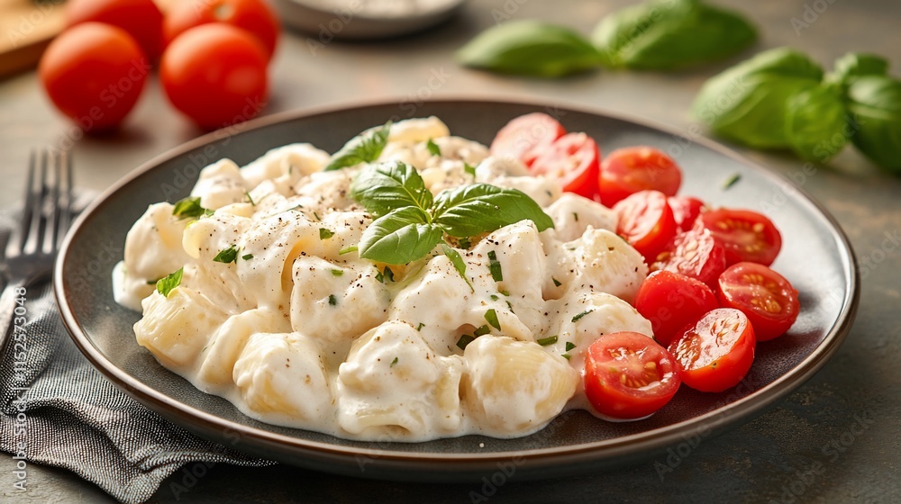 Creamy pasta shells with cherry tomatoes and basil. Creamy pasta shells with cherry tomatoes and basil.