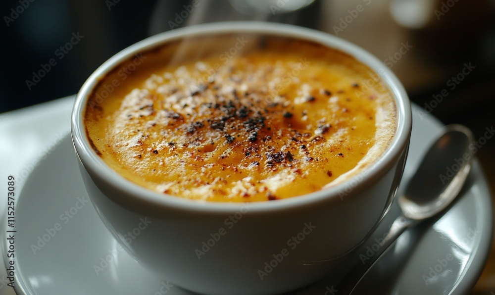 Creamy br?l?e topping on hot coffee drink in white cup. Creamy br?l?e topping on hot coffee drink in white cup.
