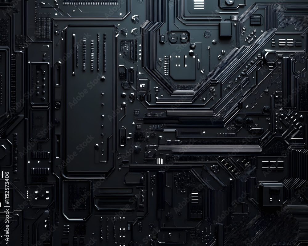 Black Circuit Board with Integrated Circuits and Pathways Black Circuit Board with Integrated Circuits and Pathways