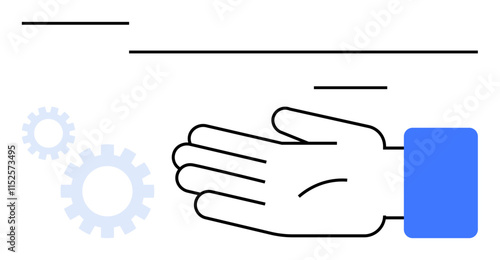 Blue-sleeved hand outstretched, with two light blue gears and several horizontal lines above. Ideal for teamwork, support, mechanisms, process, collaboration, technology engineering themes. Line
