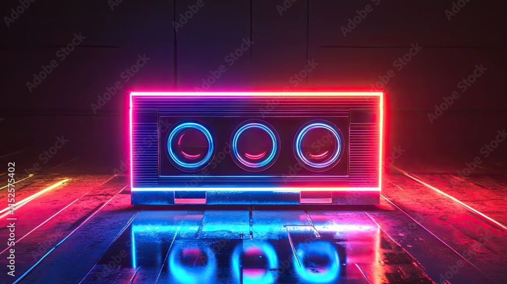 Neon Retro Cassette Tape in a Dark Room Neon Retro Cassette Tape in a Dark Room