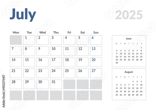 Monthly page Calendar Planner Template of July 2025. Vector layout of calendar with week start Monday for Scheduling. Page for size A4 or 21x29.7 cm