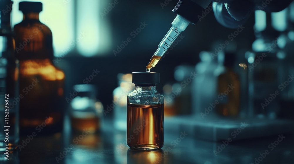 A scientist carefully fills a vial with amber liquid