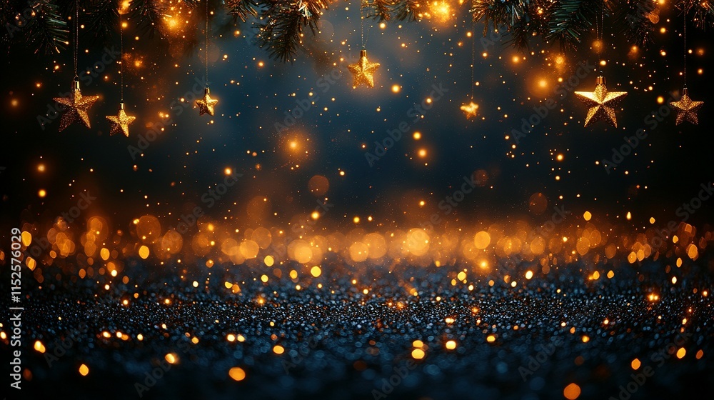 Naklejka premium Golden Star Ornaments Hanging From Festive Branches