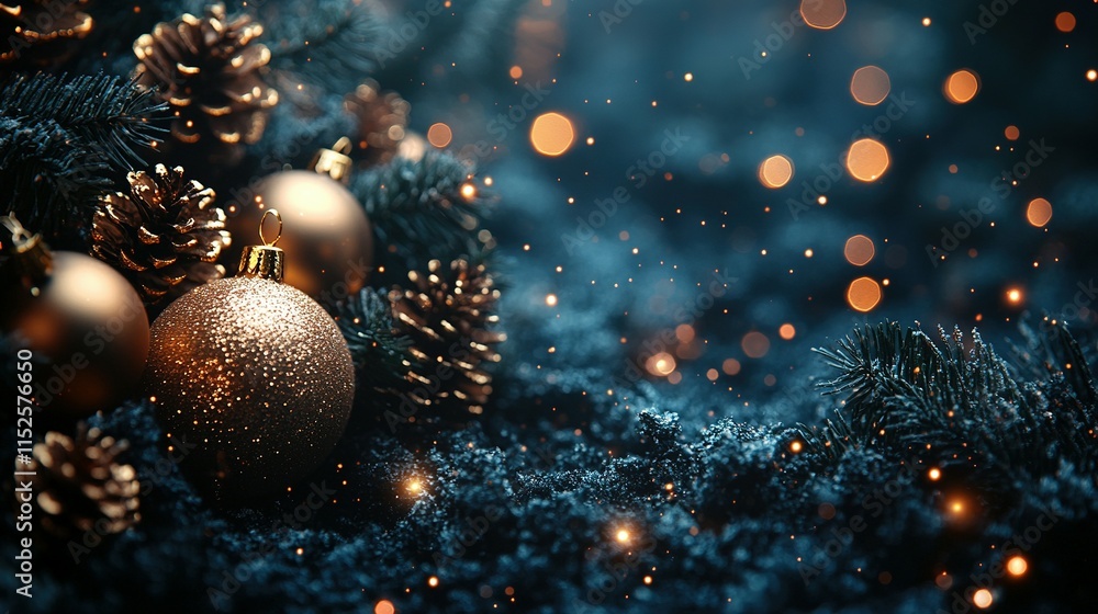 Festive Gold Ornaments Nestled Among Pine Cones and Branches Festive Gold Ornaments Nestled Among Pine Cones and Branches