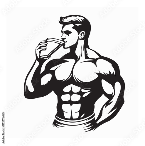 Black and white Muscular Man Drinking Whey Protein Shake Image Vector isolated on white background.